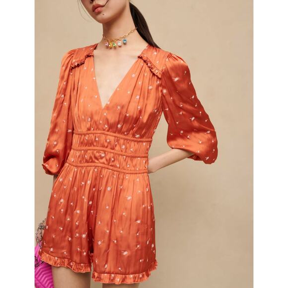 Maje Iane Embroidered Floral Satin V-Neck Puff Sleeve Romper Orange Women 36 / 4